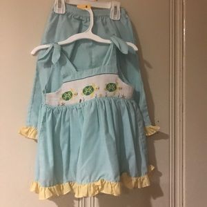 Blue and white gingham turtle smocked outfit